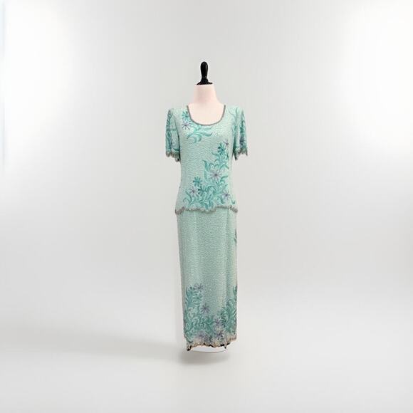Laurence Kazar Full Beaded Silk Gown Womens Petite Size 10P Green Floral Formal - Picture 1 of 16